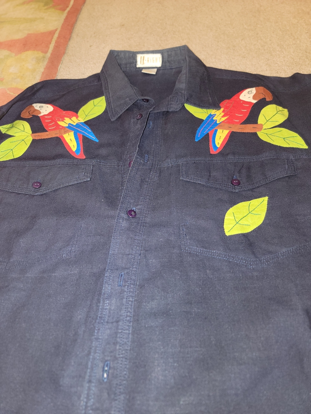 Womens Navy Button-Down Shirt with Parrot Embroidery